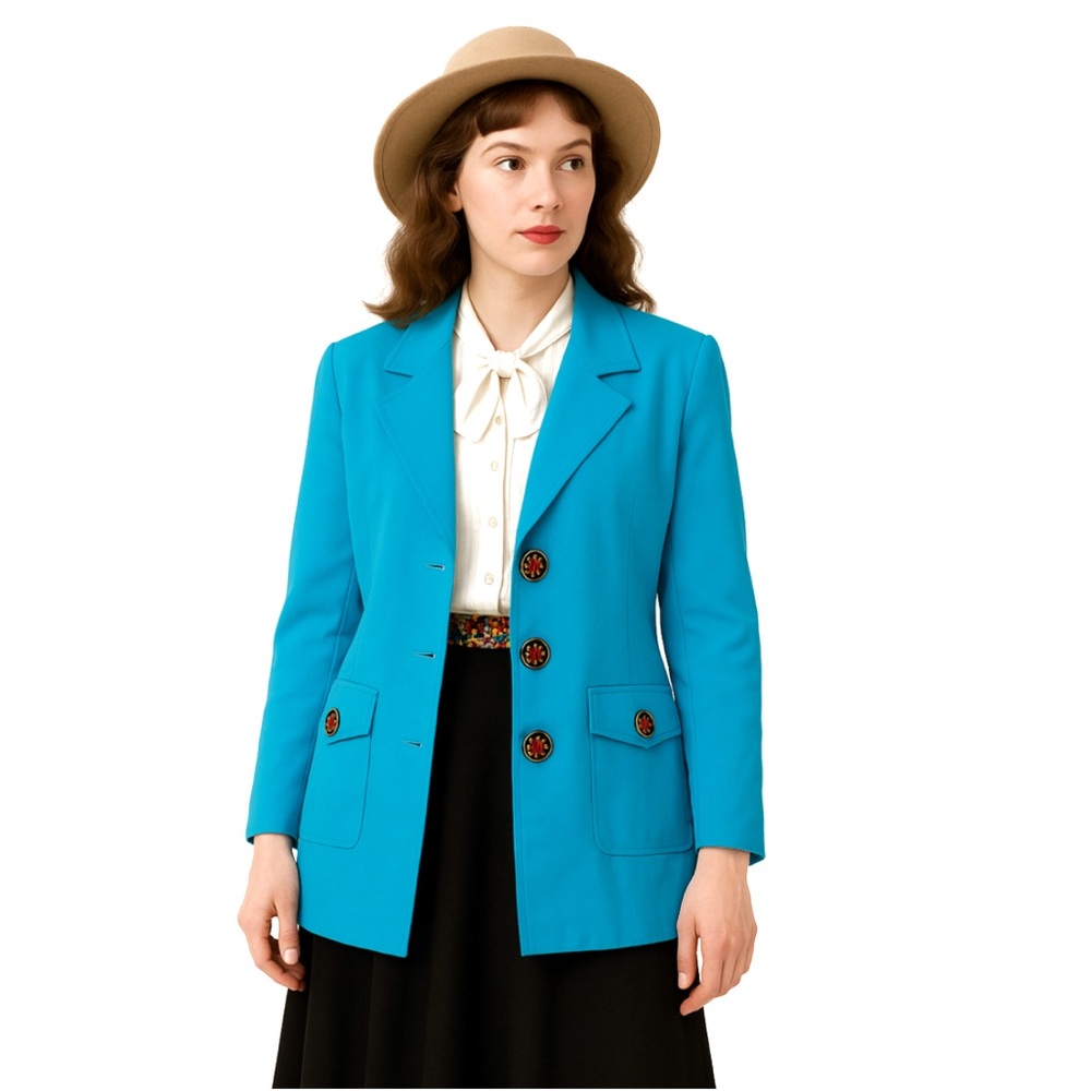 Vintage Bob Mackie Wearable Art Turquoise Blazer with Ladybug Buttons
